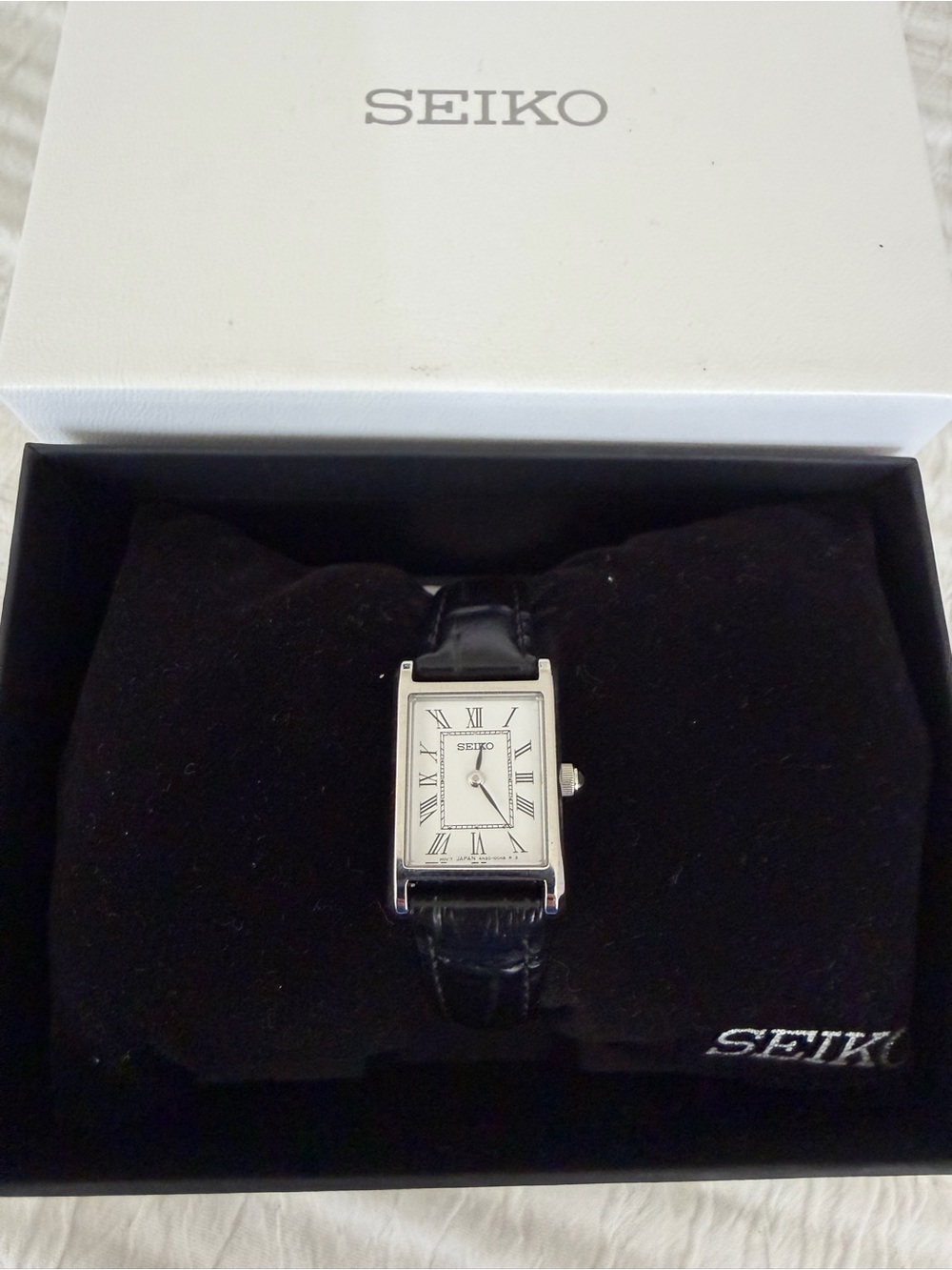 Vintage Seiko Tank Watch with Black Leather Strap